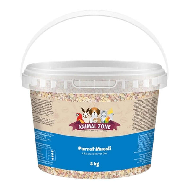 Animal Zone Parrot Muesli 3 kg tub featuring a balanced diet with grains, nuts, and dried fruits for parrots.