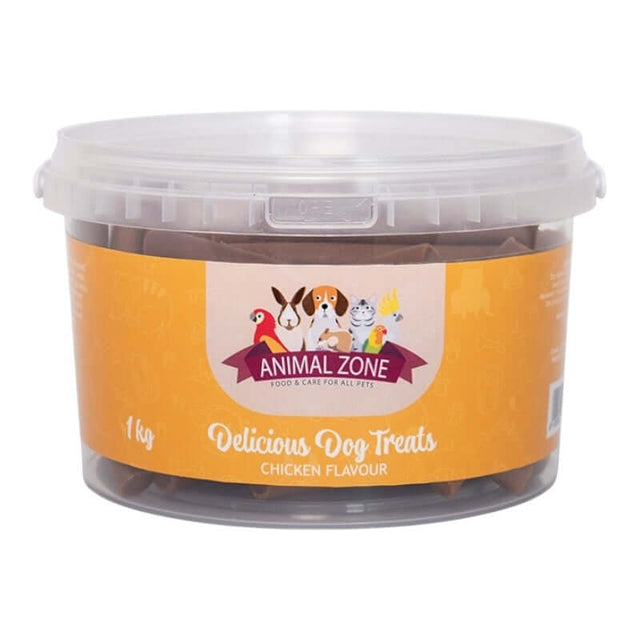 Animal Zone semi-moist dog treats in a 1kg tub, chicken flavor, perfect for rewarding pets with delicious snacks.