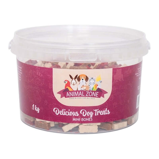 Animal Zone Semi Moist Dog Treats 1kg in re-sealable tub, featuring mini bones for pets.
