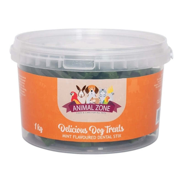 Animal Zone 1kg mint flavored dental stix dog treats in a re-sealable tub for fresh and healthy pet care.