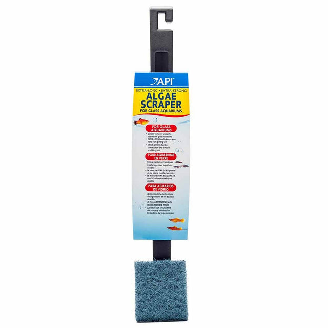 API Algae Scraper with 18” handle for effective cleaning of glass aquariums, featuring a durable algae removal pad.