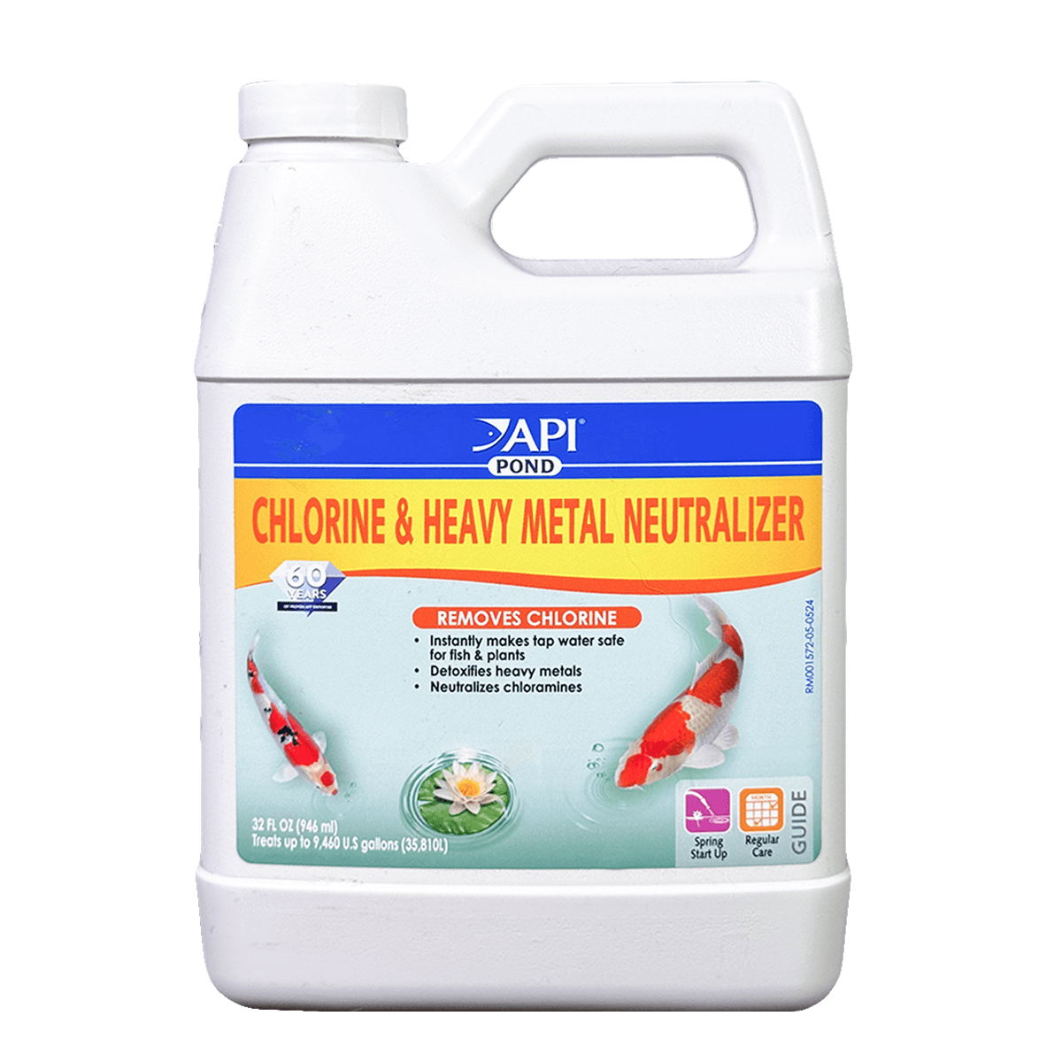 API Pond Chlorine and Heavy Metals Neutraliser bottle for making tap water safe for pond life.