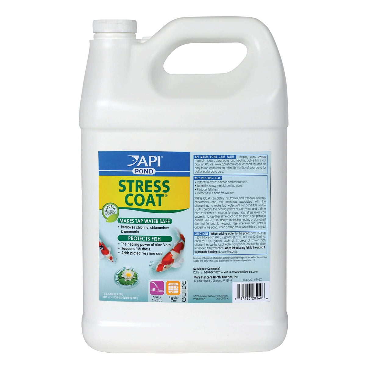 API Pond Stress Coat water conditioner for fish health and pond water safety.