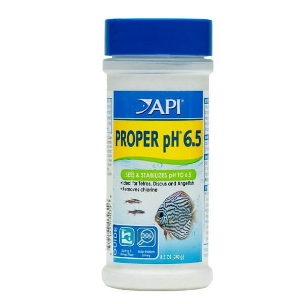 API Proper pH 6.5 240g container for aquarium use, stabilizes pH and removes chlorine for healthy fish habitat.