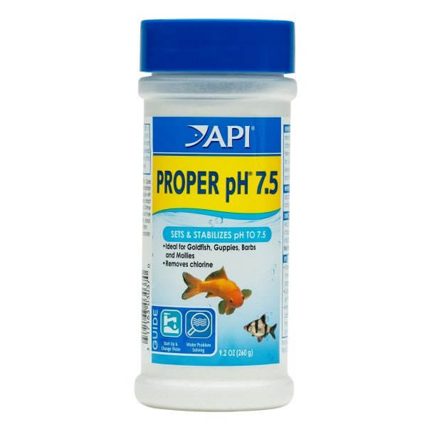 API Proper pH 7.5 product bottle, stabilizes pH, removes chlorine, ideal for goldfish and guppies.