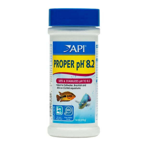 API Proper pH 8.2 210g bottle for stabilizing pH in saltwater and cichlid aquariums without phosphates.