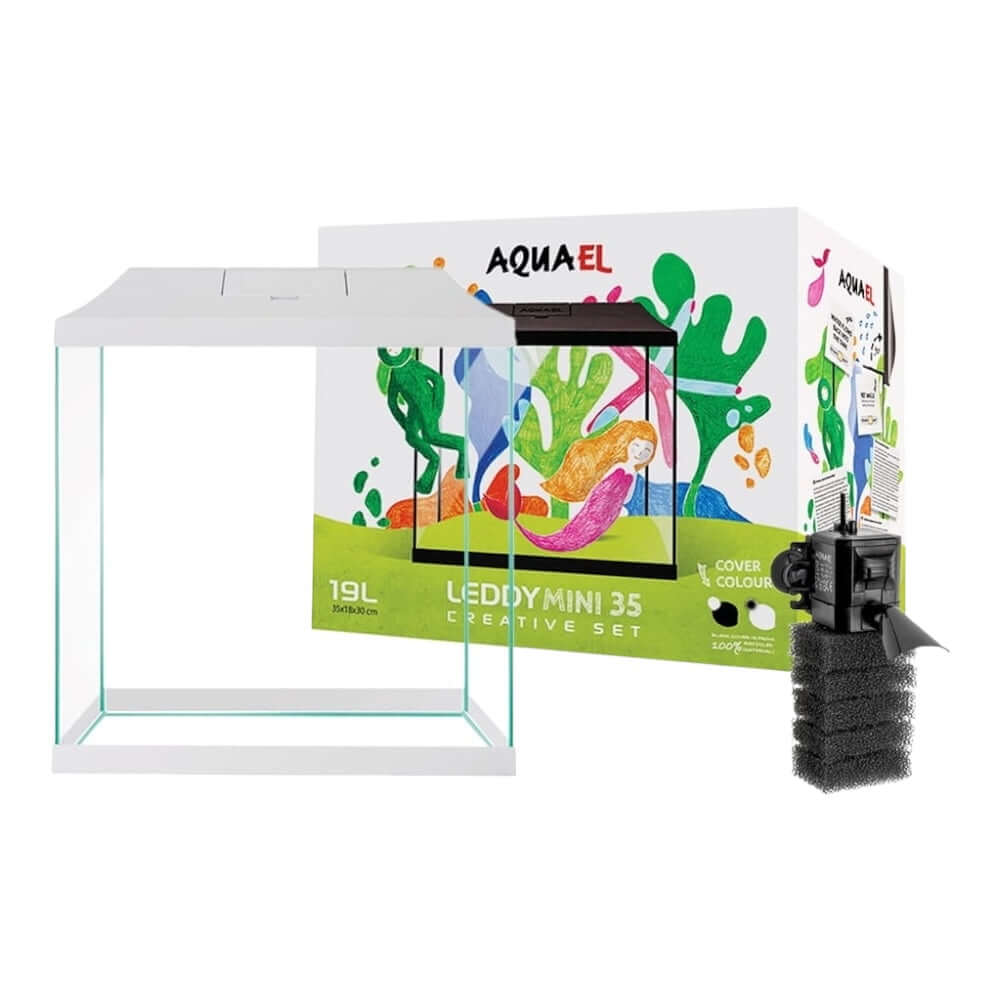 Aquael Leddy Mini 35 Creative Set featuring a 19L aquarium, Turbo Mini filter, and colorful packaging design.