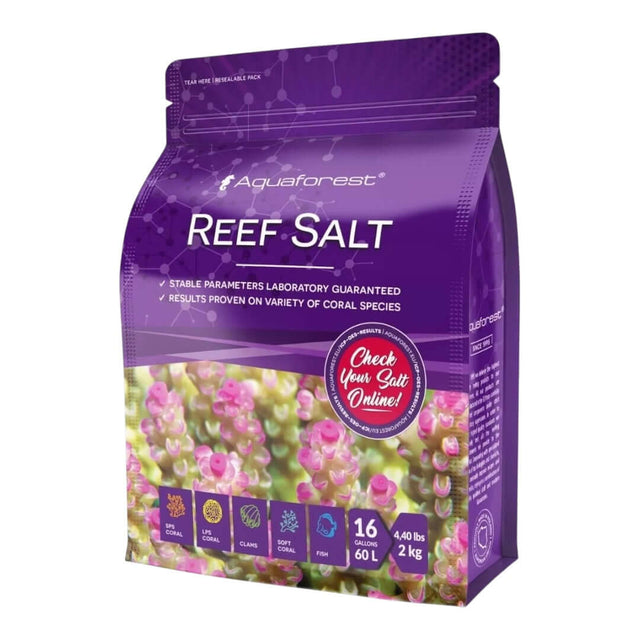 Aquaforest Reef Salt packaging, 2 kg, synthetic marine salt for coral growth and health in reef aquariums.