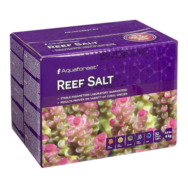 Aquaforest Reef Salt packaging, 4kg, designed for optimal coral growth and pigmentation in reef aquariums.