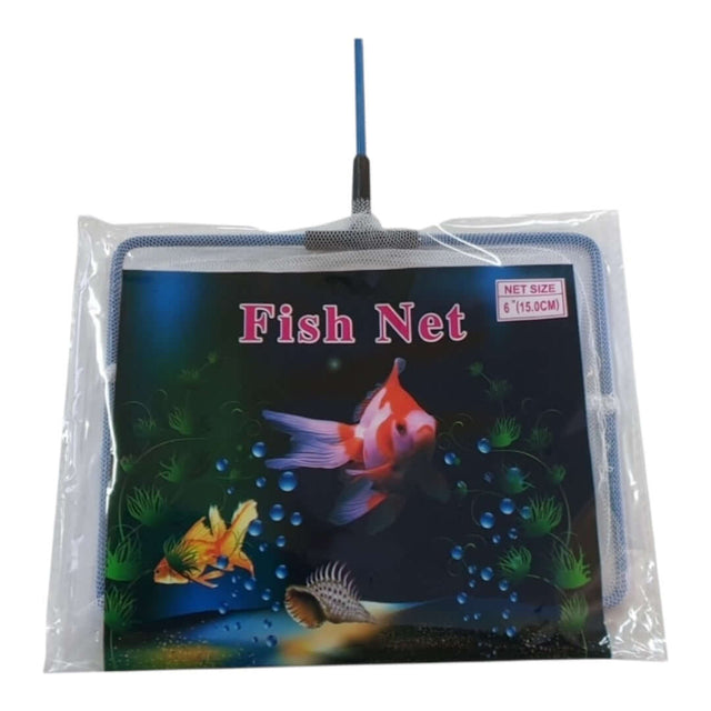 Aquarium fish net with blue handle, durable and lightweight for easy fish retrieval in freshwater and saltwater.
