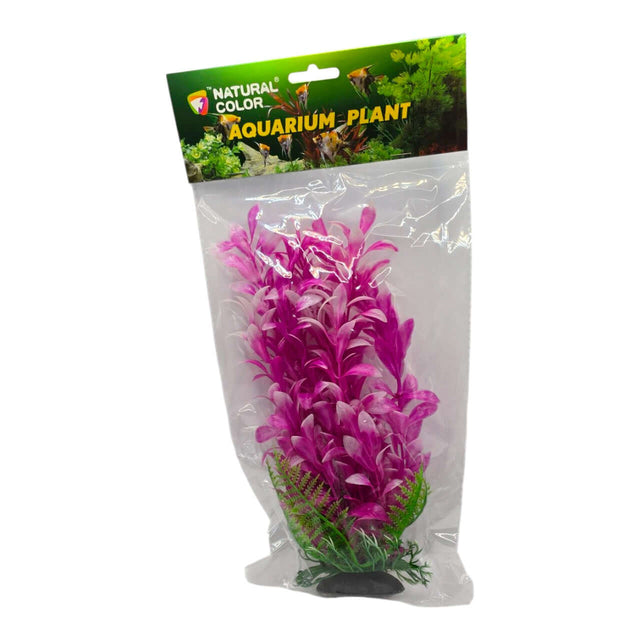 Aquarium Plastic Plant 034254 in packaging, vibrant pink color, ideal for fish tank decoration, 25cm size.