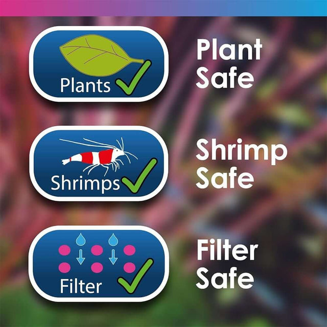 Icons indicating Plant Safe, Shrimp Safe, and Filter Safe for aquarium use.