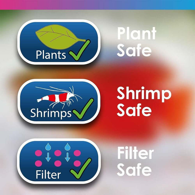 Icons indicating that NT Labs Anti-Internal Bacteria is safe for plants, shrimp, and aquarium filters.