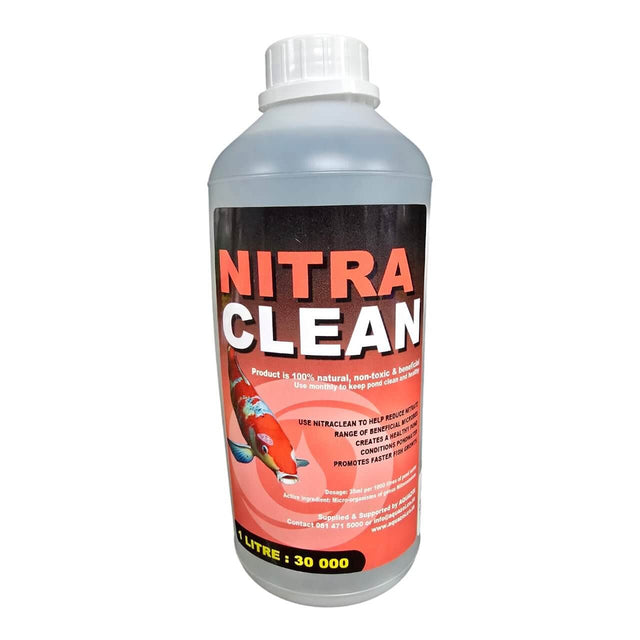 Aquazoi Nitra Clean 1L bottle, a natural, non-toxic solution for reducing nitrates and nitrites in ponds and water features.