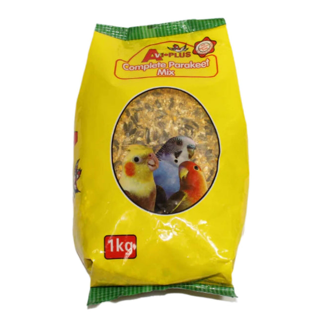 Avi Plus Complete Parakeet Mix 1kg bag featuring colorful parakeets, ideal for ringnecks, conures, and cockatiels.