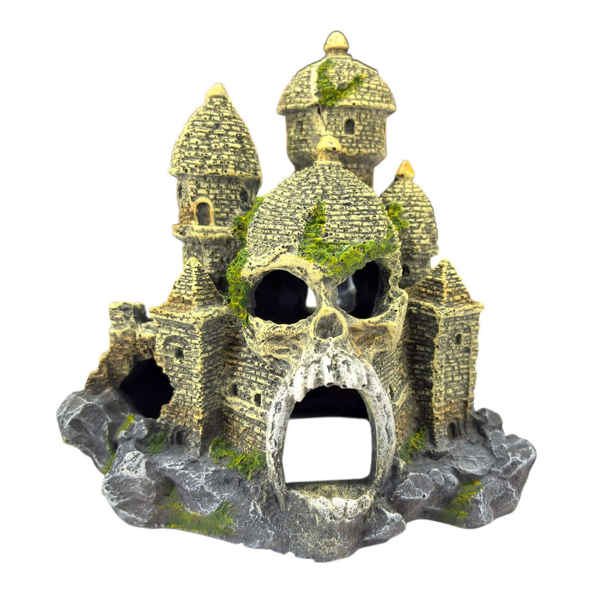 Baboon Skull Castle Ornament featuring a skull-shaped entrance and turreted design for aquarium dΓ©cor.