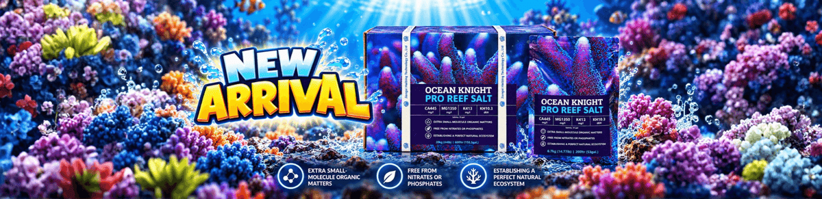 New arrival of Ocean Knight Pro Reef Salt featuring vibrant coral backdrop and benefits for marine ecosystems.