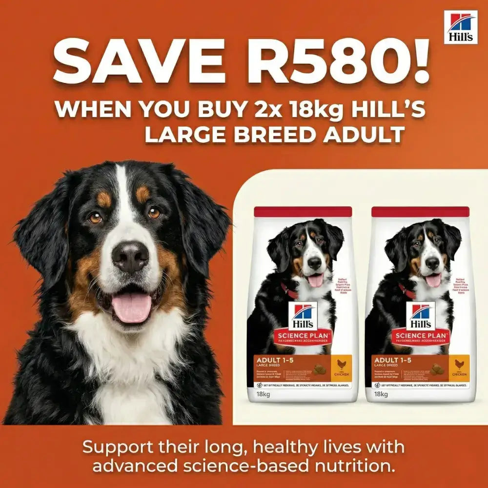 Hills Science Plan Large Breed Promo featuring two 18kg bags with a dog, highlighting savings and nutrition benefits.