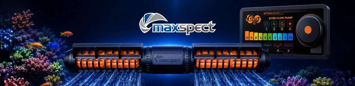 Maxspect aquarium pump and flow controller kit shown with glowing orange internal pump elements and a digital control panel, set against a dark underwater coral scene.