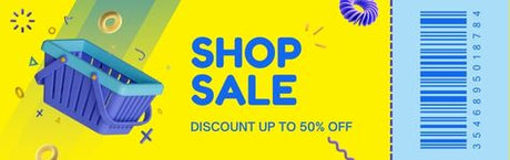 Colorful sale banner featuring shopping basket with 50% discount text, promoting special offers and shopping sales.