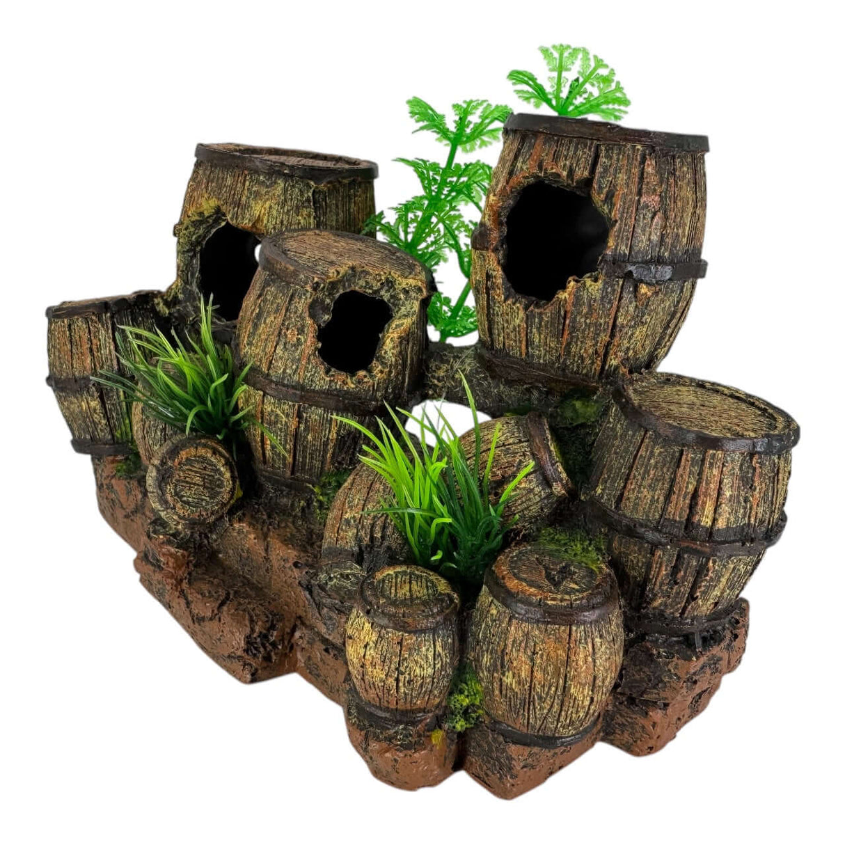 Barrels and Plants Aquarium Ornament featuring aged wooden barrels and green aquatic plants for underwater decoration.