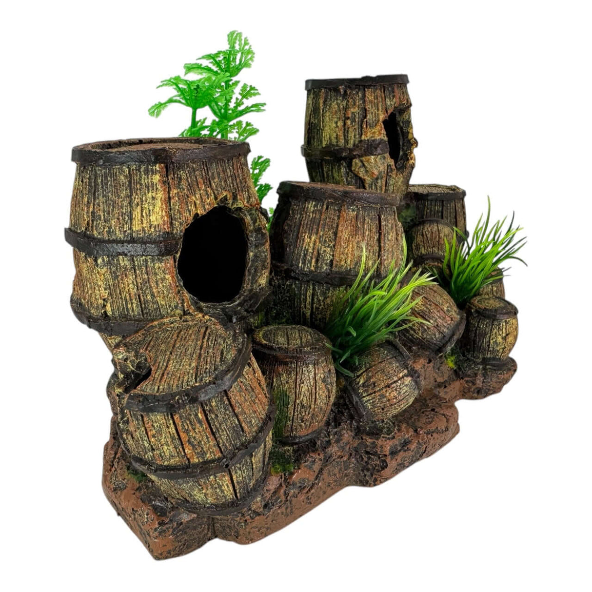 Barrels and Plants Aquarium Ornament featuring weathered barrels and aquatic plants for a vibrant underwater scene.