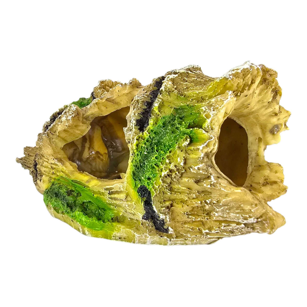 Beer log aquarium ornament resembling driftwood with green moss accents, perfect for enhancing aquatic or terrarium habitats.