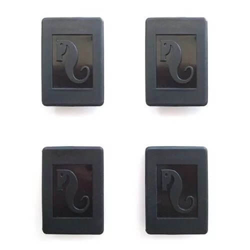 Set of four black aquarium decoration clips with seahorse design for securing net covers.