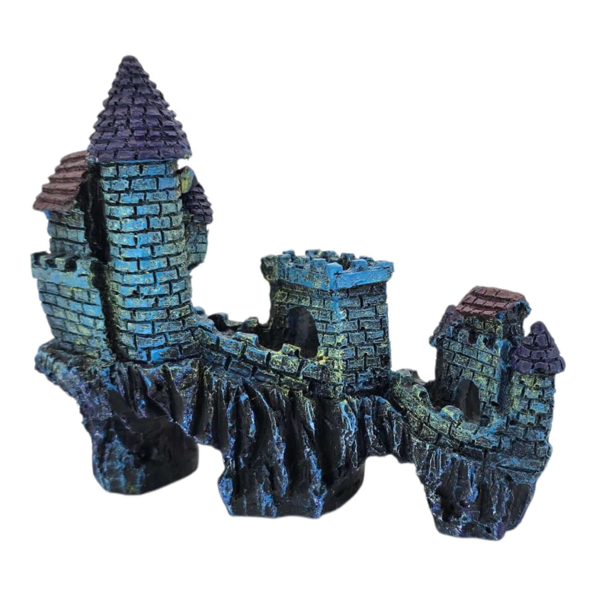 Blue Castle Aquarium Ornament with towers, textured stone walls, and medieval design for aquarium decoration.