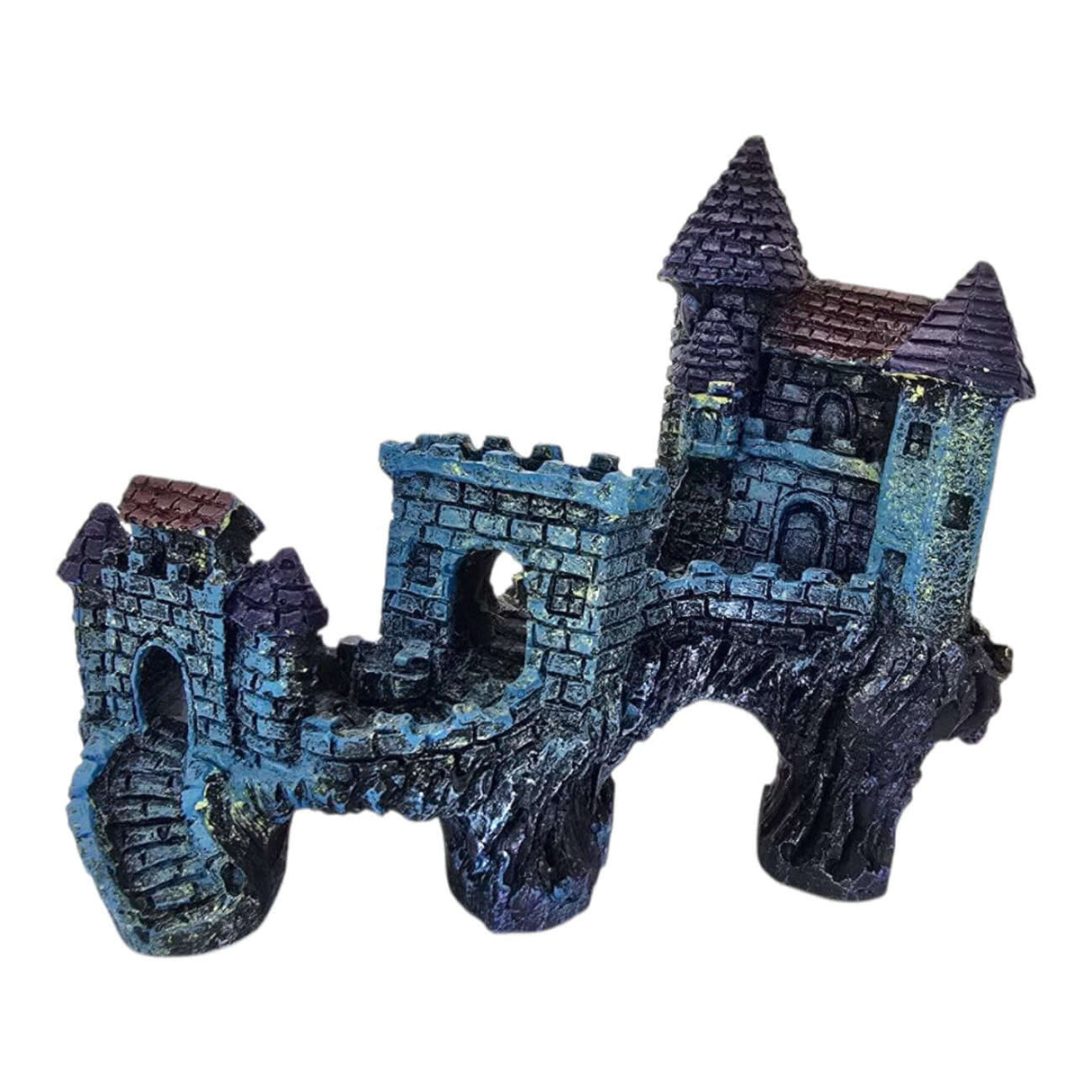 Blue Castle Aquarium Ornament featuring medieval towers and textured stone-like walls for aquarium decor.