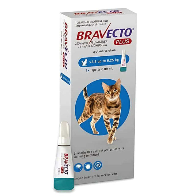 Bravecto Plus Cat Spot On treatment for fleas, ticks, and worms, suitable for cats 2.8-6.25kg, with pipette included.