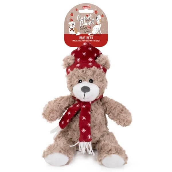 Adorable Brie Bear teddy with festive scarf and beanie, perfect for cuddly holiday fun and joyful squeaks.