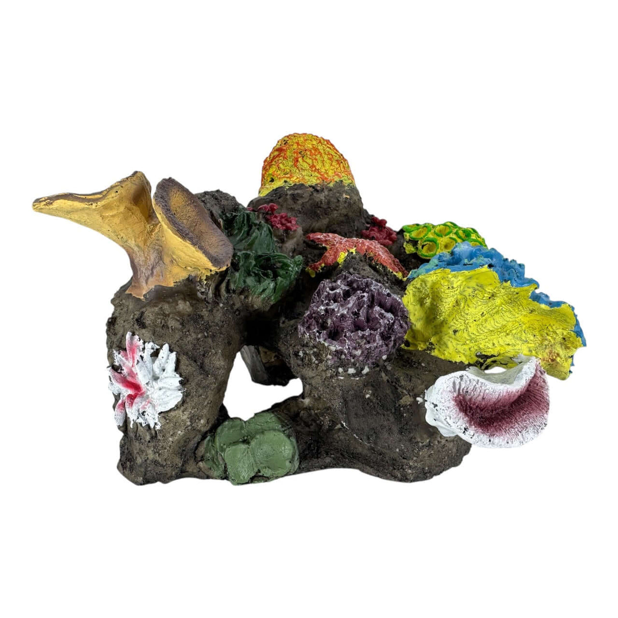 Bright corals and seaweed on a rock aquarium ornament, vibrant decorative piece for aquariums.