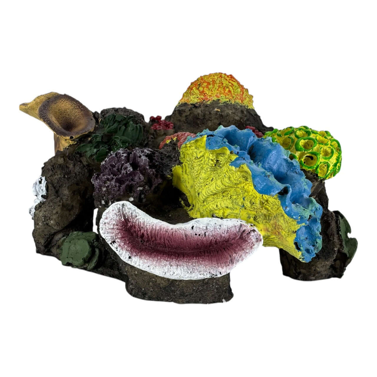 Bright Corals on Rock Aquarium Ornament featuring colorful coral formations and marine life in vibrant detail.