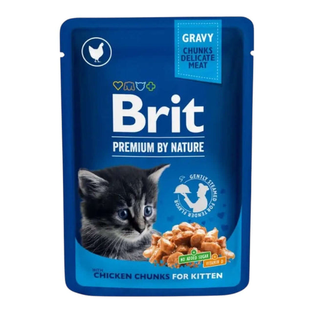 Brit Premium Cat Pouch for Kittens with Chicken Chunks, nutritious wet food in gravy for growing cats.