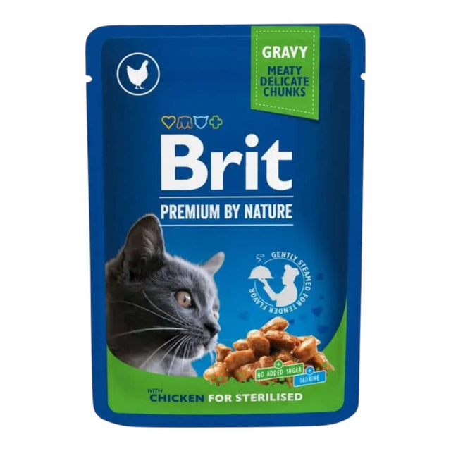 Brit Premium Cat Pouch with chicken slices for sterilised cats, featuring tender chunks in savoury gravy.