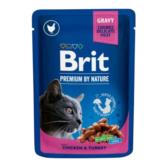 Brit Premium Cat Pouch with Chicken and Turkey 100g, featuring tender meat in gravy for cats.