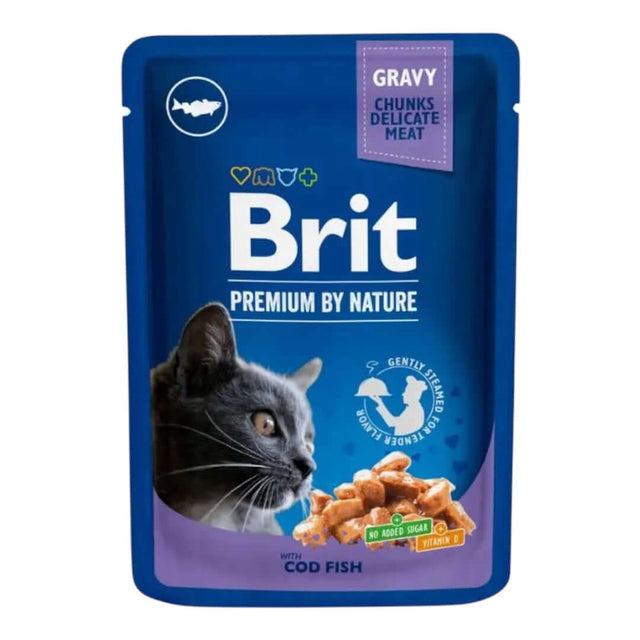 Brit Premium Cat Pouch with Cod Fish, 100g, featuring tender chunks in gravy for a tasty feline meal.