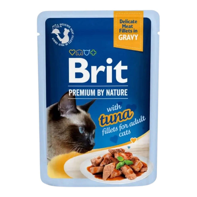 Brit Premium Delicate Fillets in Gravy with Tuna wet cat food pouch, 85g, designed for adult cats.