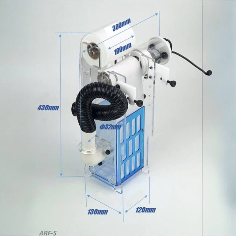 Bubble Magus Automatic Sump Filter Rollers G2 dimensions with water filtration components, ideal for aquariums.