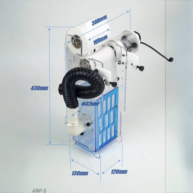 Bubble Magus Automatic Sump Filter Rollers G2 dimensions with water filtration components, ideal for aquariums.