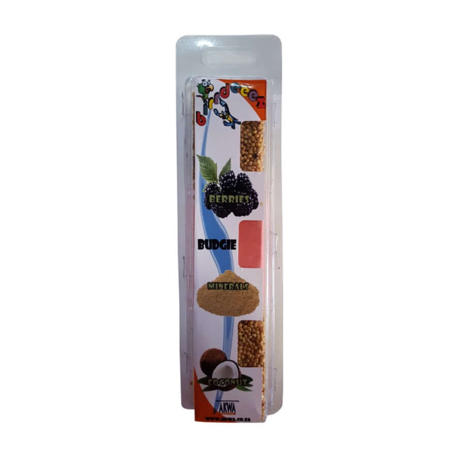 Budgie Treat Stick featuring berries, minerals, and coconut for a nutritious snack for budgerigars.