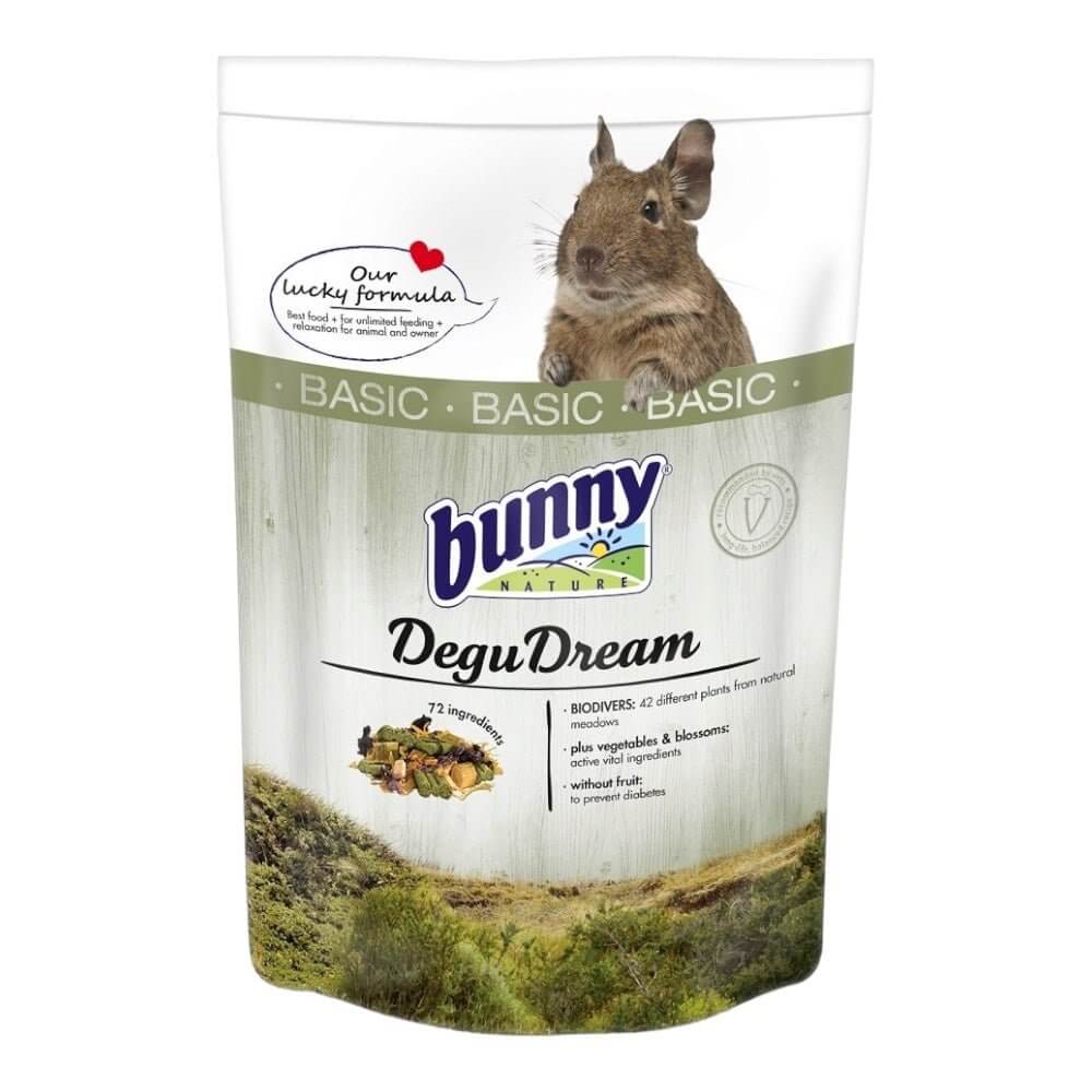 Bunny Nature Degu Dream 1.2kg food bag featuring 72 ingredients for healthy degus with natural meadow plants.