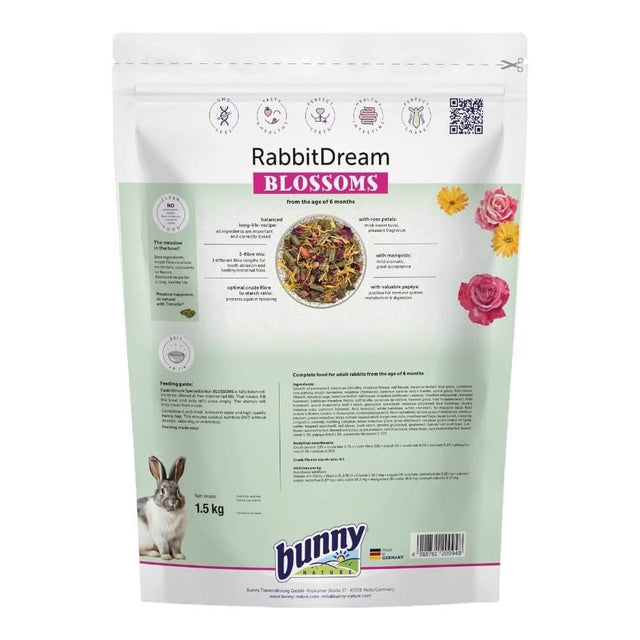 Bunny Nature Rabbit Dream Blossoms 1.5kg pack featuring natural grasses, herbs, rose petals, and marigolds for rabbits.