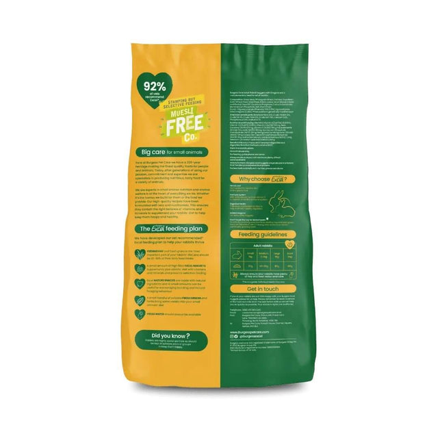 Back of Burgess Excel Adult Rabbit Nuggets bag showcasing nutritional information and feeding guidelines.