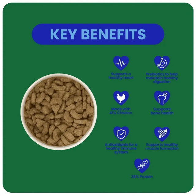 Burgess Excel Ferret Food benefits highlighting high protein, prebiotics, and support for heart and immune health.