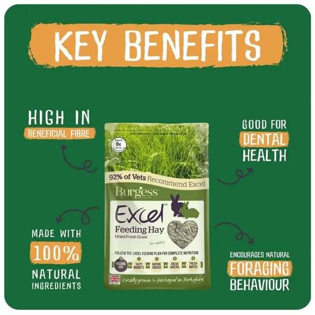Burgess Excel Feeding Hay packaging highlighting key benefits like high fibre, dental health, and natural ingredients.