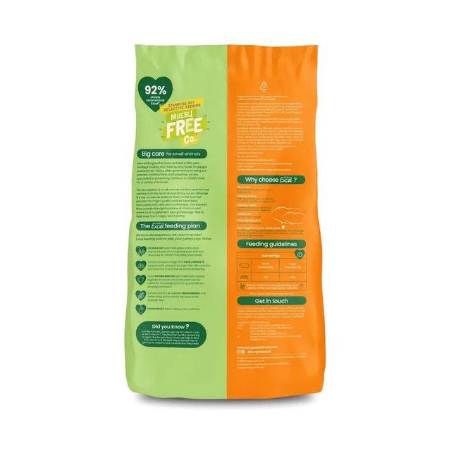 Back of Burgess Excel Guinea Pig Nuggets bag showing feeding guidelines and nutritional information.