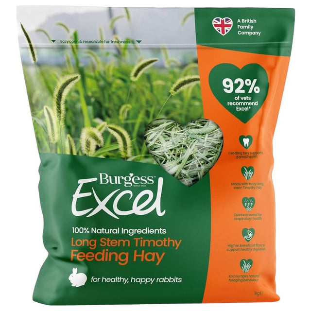 Burgess Excel Long Stem Timothy Feeding Hay 1kg package, ideal for healthy rabbits with 100% natural ingredients.