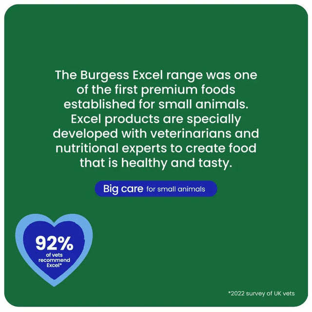 Burgess Excel Ferret Food promotional graphic highlighting vet recommendation and nutritional quality for small animals.